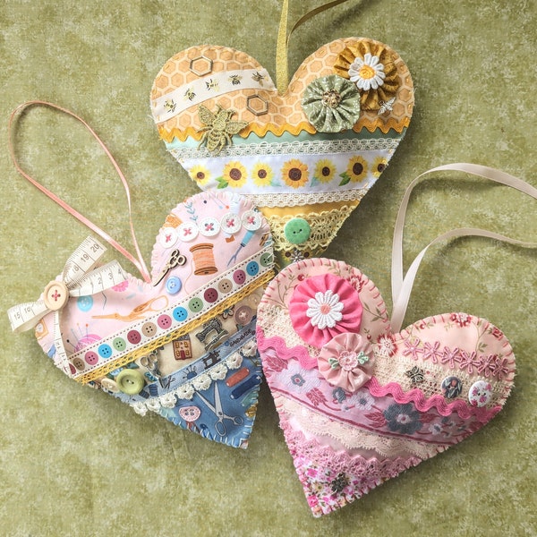 Slow Stitch Hanging Heart Kit - Choice of Pink Floral, Sewing, Oriental or Busy Bee Theme!