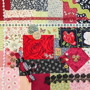 Roses Inspiration Pack for Sewing, Slow Stitch, Patchwork, Mixed Crafting Bundle, Fabric Scrap & Haberdashery, Fabric Junk Journal