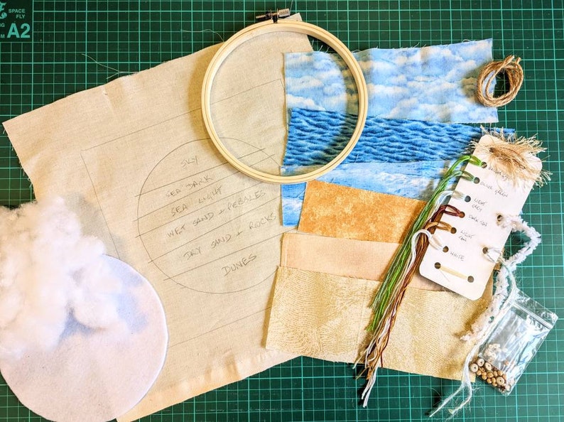 Seascape Textured Landscape Hoop Art Kit Slow Stitch, Landscape Embroidery, Textile Art, Mixed Media, Craft Kit with Instructions image 3