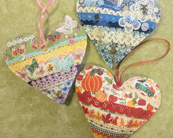 NEW Slow Stitch Hanging Heart Kits - Choice of Vintage Blue, Pumpkin or Butterfly Theme!