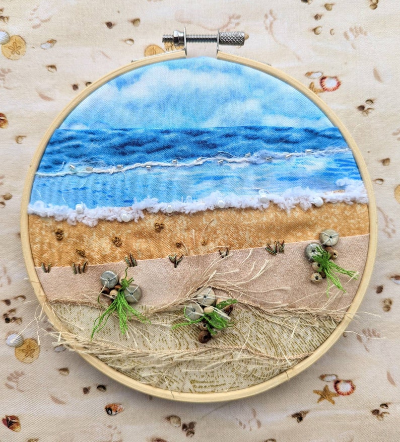 Seascape Textured Landscape Hoop Art Kit Slow Stitch, Landscape Embroidery, Textile Art, Mixed Media, Craft Kit with Instructions image 2