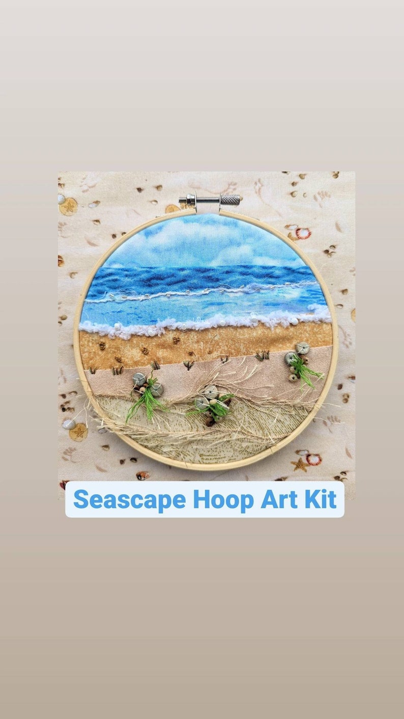 Seascape Textured Landscape Hoop Art Kit Slow Stitch, Landscape Embroidery, Textile Art, Mixed Media, Craft Kit with Instructions image 1