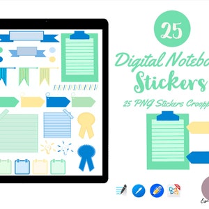 Puede incluir: Un conjunto de 25 pegatinas digitales para cuaderno en formato PNG. Las pegatinas son de varios colores, incluyendo azul, verde, amarillo y blanco. Presentan diferentes diseños, como banderas, pancartas, blocs de notas y etiquetas. El texto "25 Digital Notebook Stickers" y "25 PNG Stickers Cropped" está incluido en la imagen.