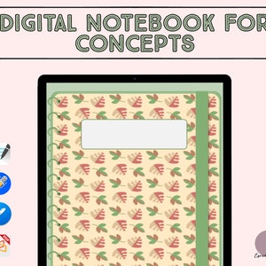 Puede incluir: Cuaderno digital para conceptos con una portada de patrón de hojas verdes y marrones. El cuaderno tiene un marcador de cinta verde y un espacio en blanco para un título.