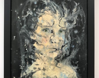 May include: A painting of a person's face with green eyes, surrounded by a white and black abstract background.