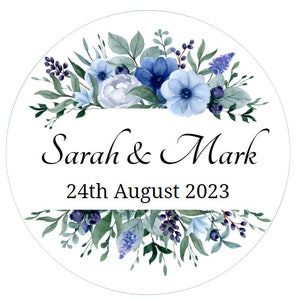 Personalised Wedding Stickers Blue Flowers | Wedding Favour | Customisable Envelope Seal | Save The Date Circle Birthday Labels