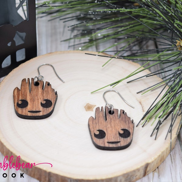 Baby Groot Earrings/Rustic Designs/Lasercut Earrings/Artisan Wood Earrings/Guardians of the Galaxy/Any Occasion Jewelry/Statement Earrings