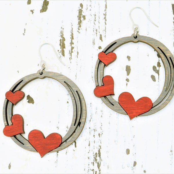 Wood Heart Hoop Earrings/Round Heart Earrings/When calls the heart/Boho Statement Earrings/Laser Cut/Gifts for Her/Handmade Scribble Earring
