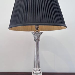 Vintage Table Hall Lamp Edwardian Style British Silver Plated Corinthian Capital Column Classic Decor Black & Gold Pleated Lampshade