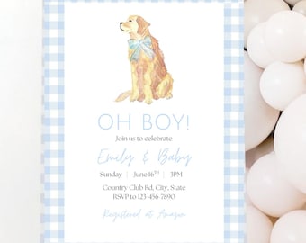 Könnte beinhalten: Ein Babyparty-Schild auf einer Staffelei. Das Schild hat einen blau-weiß karierten Rand und zeigt eine Aquarellillustration eines Golden Retrievers mit einer blauen Fliege. Der Text lautet "OH BOY!" und Details zur Veranstaltung.