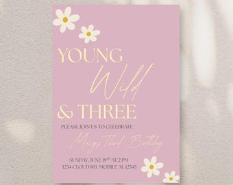 Young, Wild and Three Birthday Invitation | Editable Digital Party Invite