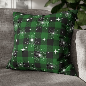 Green Plaid Christmas Pillow Cover Mid Century Modern Atomic Starburst Xmas Cushion Holiday Pillows Retro MCM Home Decor Green Throw Pillow