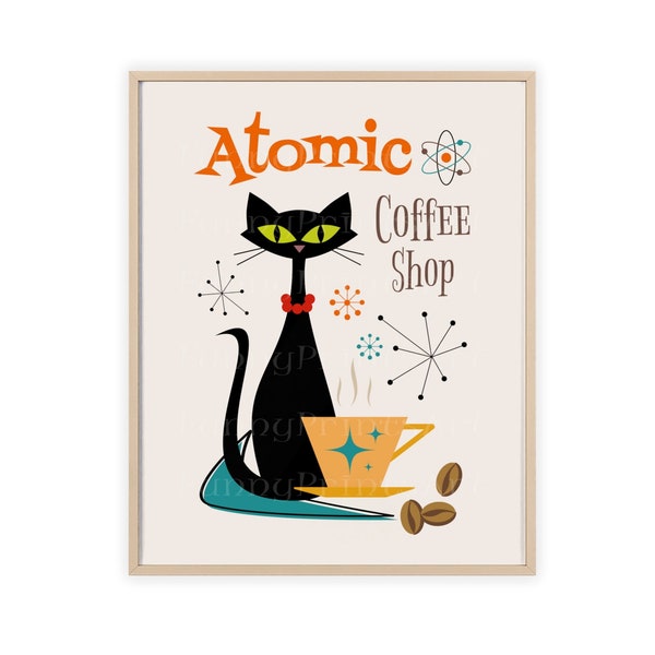 Atomic Black Cat Kitchen Wall Art Decor Poster Mid Century MCM Retro Coffee Print Funny Cat Lovers Mom Gift Vintage Coffee Shop Bar Sign