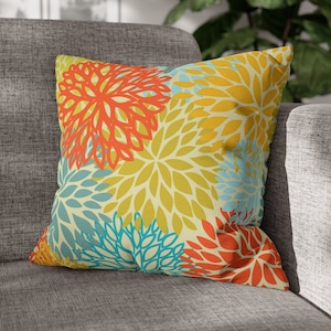 Retro Floral Pillow Case Abstract Orange Mustard Yellow Blue Mid Century Modern Lumbar Colorful Multicolor 70s Mid Mod Home Decor 20x20