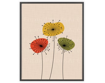 May include: A framed print featuring a mid-century modern design with three stylised flowers. The flowers have yellow, red, and green petals and black stems, set against a beige background.