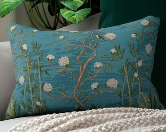 Chinoiserie Lumbar Pillow Birds Lumbar Flower Lumbar Pillow Blue Teal Lumbar Green Lumbar Japanese
