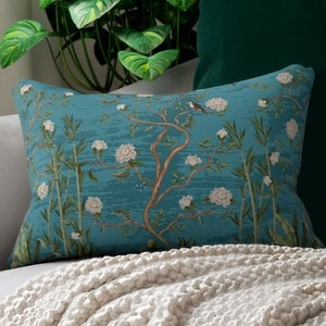 Chinoiserie Lumbar Pillow Birds Lumbar Flower Lumbar Pillow Blue Teal Lumbar Green Lumbar Japanese