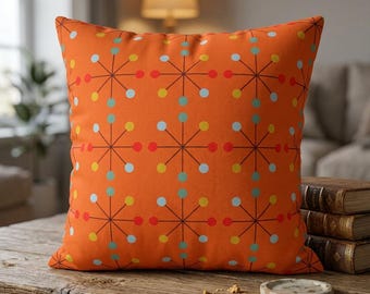 Orange Retro Starburst Pillow Cover, Mid Century Modern Atomic Cushion Case, 1950s Space Age Geometric Home Decor