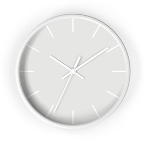 May include: A white analog clock with white hands and a white face. The clock has a white frame and is set to 3:00.