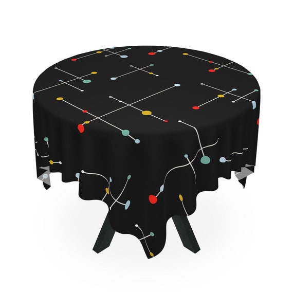 Mid Century Modern Tablecloth, Black Square Polyester Cover, Atomic 1950s Retro Dining, Sputnik Kitchen Decor