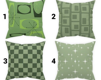 Mid Century Green Throw Pillow Cover Retro Checkered Atomic Starburst Pillow Case MCM Home Decor Space Age Throw 60s 70s Vintage Geometric