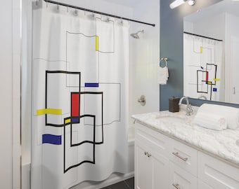 Tenda da doccia geometrica moderna, design minimalista astratto, accessorio da bagno contemporaneo