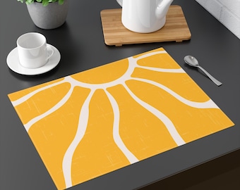 Zon groovy placemat retro zonneschijn hippie psychedelische eettafel decor abstract midden eeuw 1960 50s vintage accessoire mosterd placemat