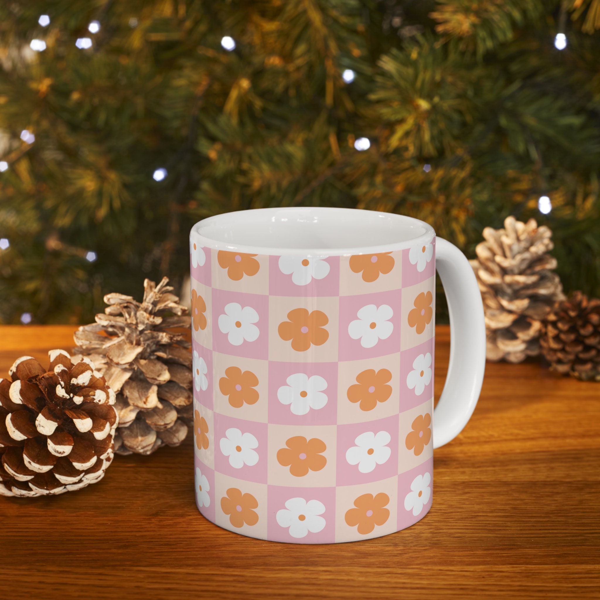 Pink Daisy Coffee Mug Retro Ceramic Mug Mid Century Modern Vintage Tea Mugs  1950s 60s Drinkware Checkered Gift Pink Orange MCM Floral Mug - Etsy