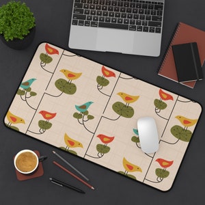 Birds Desktop Mat Mid Century Modern Retro Desk Blotter Abstract Desk Mat Full Desk Mouse Pad Scandinavian Desk Decor MCM Desk Accessories