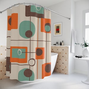 Zasłona prysznicowa z połowy wieku Retro zasłona łazienkowa Abstrakcyjne kształty geometryczne Lata 50. Lata 60. Zasłona do wanny Vintage Cute MCM Atomic Age Decor
