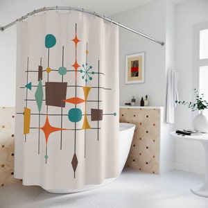Abstrakcyjna zasłona prysznicowa Retro Mid Century Modern Zasłona łazienkowa Kształty geometryczne Lata 50., 60. i 70. Zasłona do wanny Vintage Cute MCM Atomic