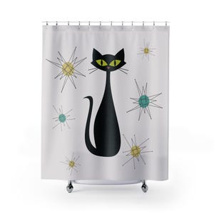 Cortina de chuveiro Black Cat Retro Atomic Kitsch Cortina de banheiro Mid Century Modern Kitty 1950s 60s Cortina de banheira vintage MCM Decoração de banheiro