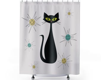 Black Cat Shower Curtain Retro Atomic Kitschy Bathroom Curtain Mid Century Modern Kitty 1950s 60s Bathtub Curtain Vintage MCM Bathroom Decor