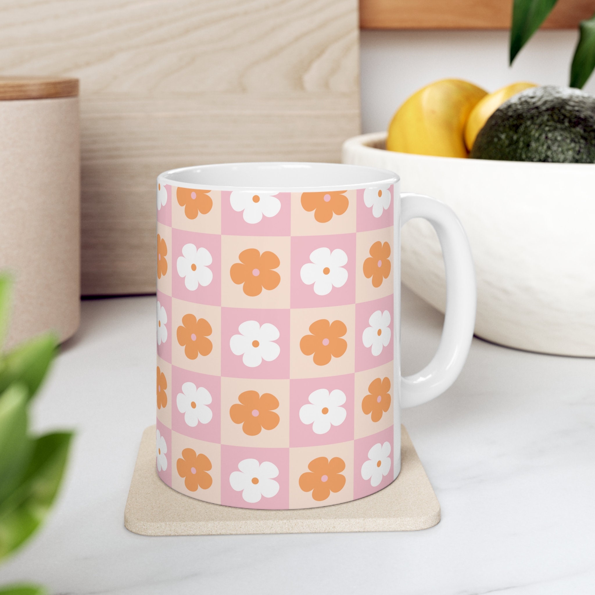 Pink Daisy Coffee Mug Retro Ceramic Mug Mid Century Modern Vintage Tea Mugs  1950s 60s Drinkware Checkered Gift Pink Orange MCM Floral Mug - Etsy