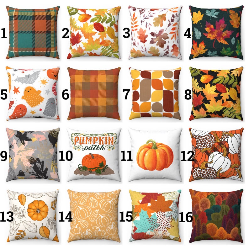 May include: Collection of sixteen decorative throw pillows with various autumn-themed designs. Pillows feature patterns like plaid, leaves, pumpkins, and geometric shapes in colors of orange, brown, green, and white. Some pillows have text that reads "Pumpkin Patch".