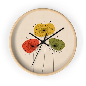 Mid Century Dandelion Clock Scandinavian Design Floral Wall Decor Modern Abstract Flowers Wall Clock Vintage Atomic Kitchen Retro Clock MCM