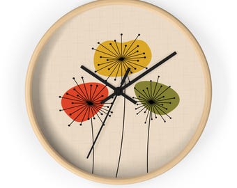 Mid Century Dandelion Clock Scandinavian Design Floral Wall Decor Modern Abstract Flowers Wall Clock Vintage Atomic Kitchen Retro Clock MCM