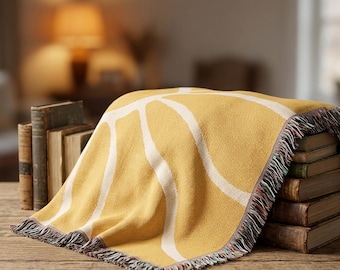 Coperta tessuta color giallo sole, plaid moderno di metà secolo in stile groovy, arazzo retrò boho con tramonto, copriletto in cotone con frange.