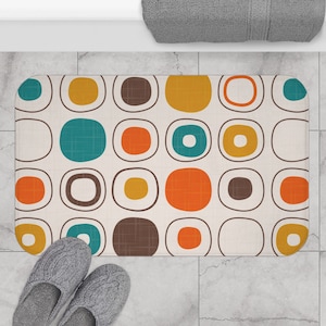 Retro Bath Mat Mid Century Modern Boho Bath Rug Colorful Abstract Shapes Vintage Style Bohemian Shower Mat 1950s 1960s Bathroom Decor
