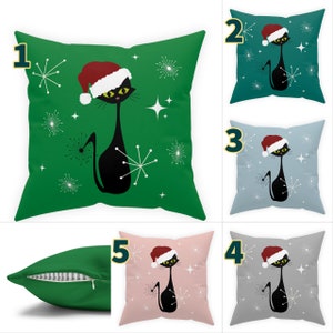 Black Cat Christmas Pillow Cover Mid Century Modern Atomic Starburst Xmas Cushion Holiday Pillows Retro MCM Home Decor Green Throw Pillow