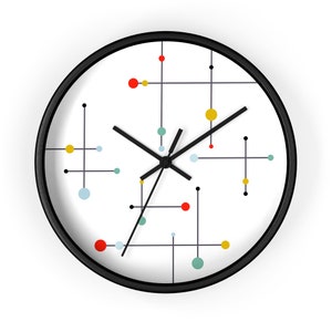 Atomic Clock Mid Century Modern Retro Kitchen Wall Hanging Decor Accessories Vintage Wooden Round Decorative White Silent MCM Wall Clock