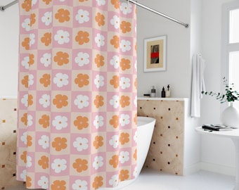 Pink Daisy Shower Curtain: Retro Mid-Century Modern, Geometric Checkered