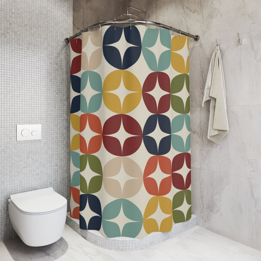 Shower Curtain Retro Mid Century Modern Bathroom Curtain Tile Print