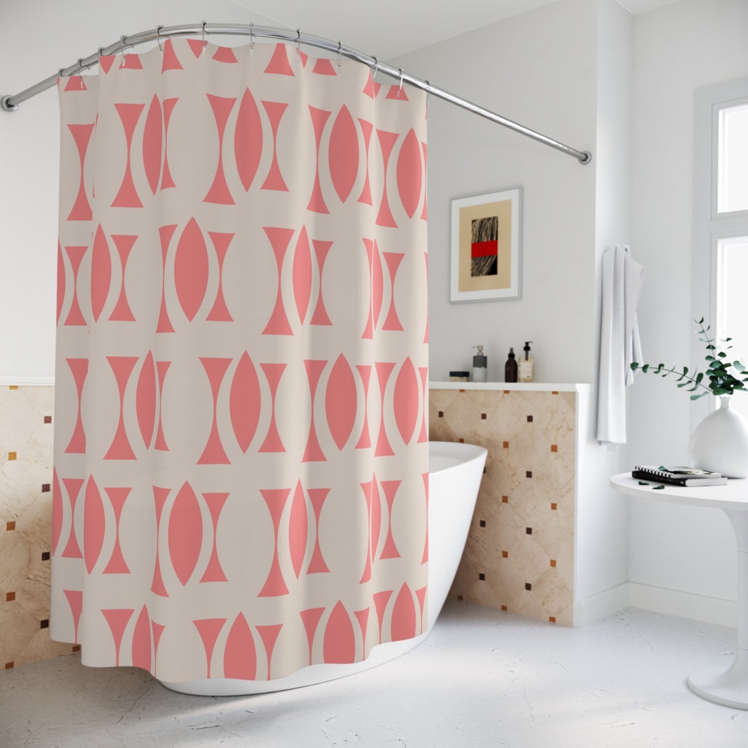 Pink Shower Curtain Retro Mid Century Modern Bathroom Curtain Tile