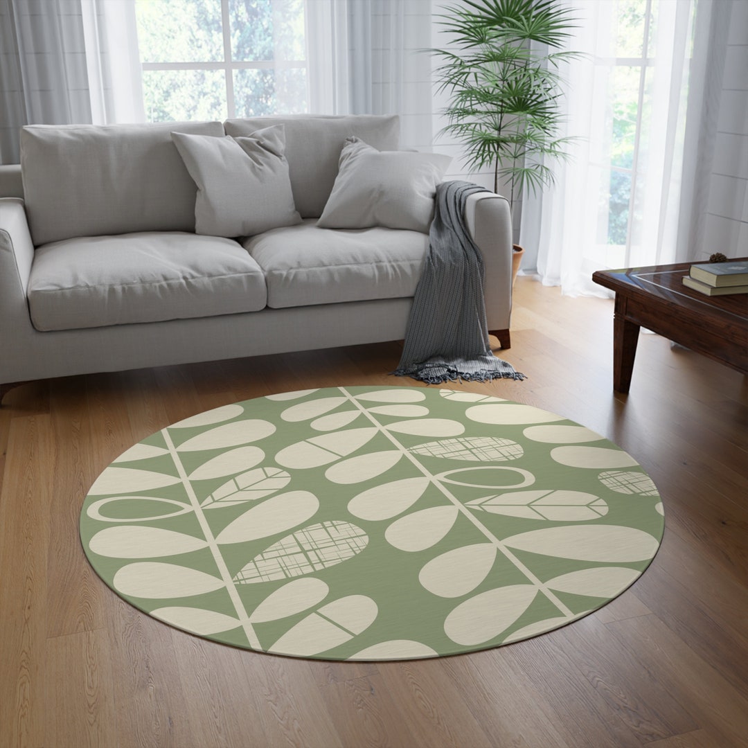 Sage Green Round Rug Scandinavian Retro Stem Area Rug for Living Room
