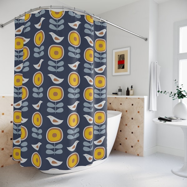 Scandinavian Folk Shower Curtain Retro Mid Century Modern Bathroom Curtain 50s 60s Bathtub Curtain Floral Birds Vintage MCM Decor Abstract