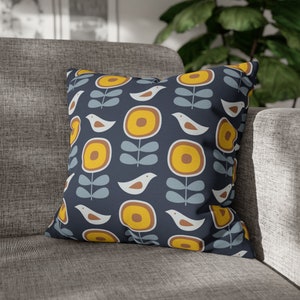 Scandinavian Folk Pillow Case Abstract Flower Bird Cushion MCM Retro Mid Century Throw Pillow Cover Yellow Navy Blue Scandi Home Decor