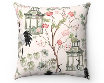 Chinoiserie Throw Pillow Cover Case Birds Stork Pagoda Asian Oriental Pastel Cushion Tree Floral Chinese Japanese Home Decor Japan House