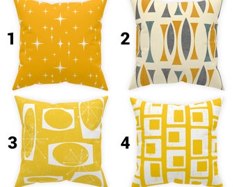 May include: Four different yellow and white throw pillow designs with geometric patterns. The pillows are numbered 1 through 4.