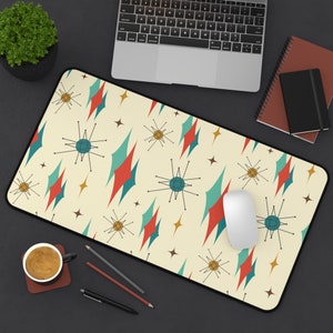 Mid Century Modern Desktop Mat Retro Desk Blotter Abstract Desk Mat Full Desk Mouse Pad Atomic Starburst Desk Decor Accessories MCM Desk Mat